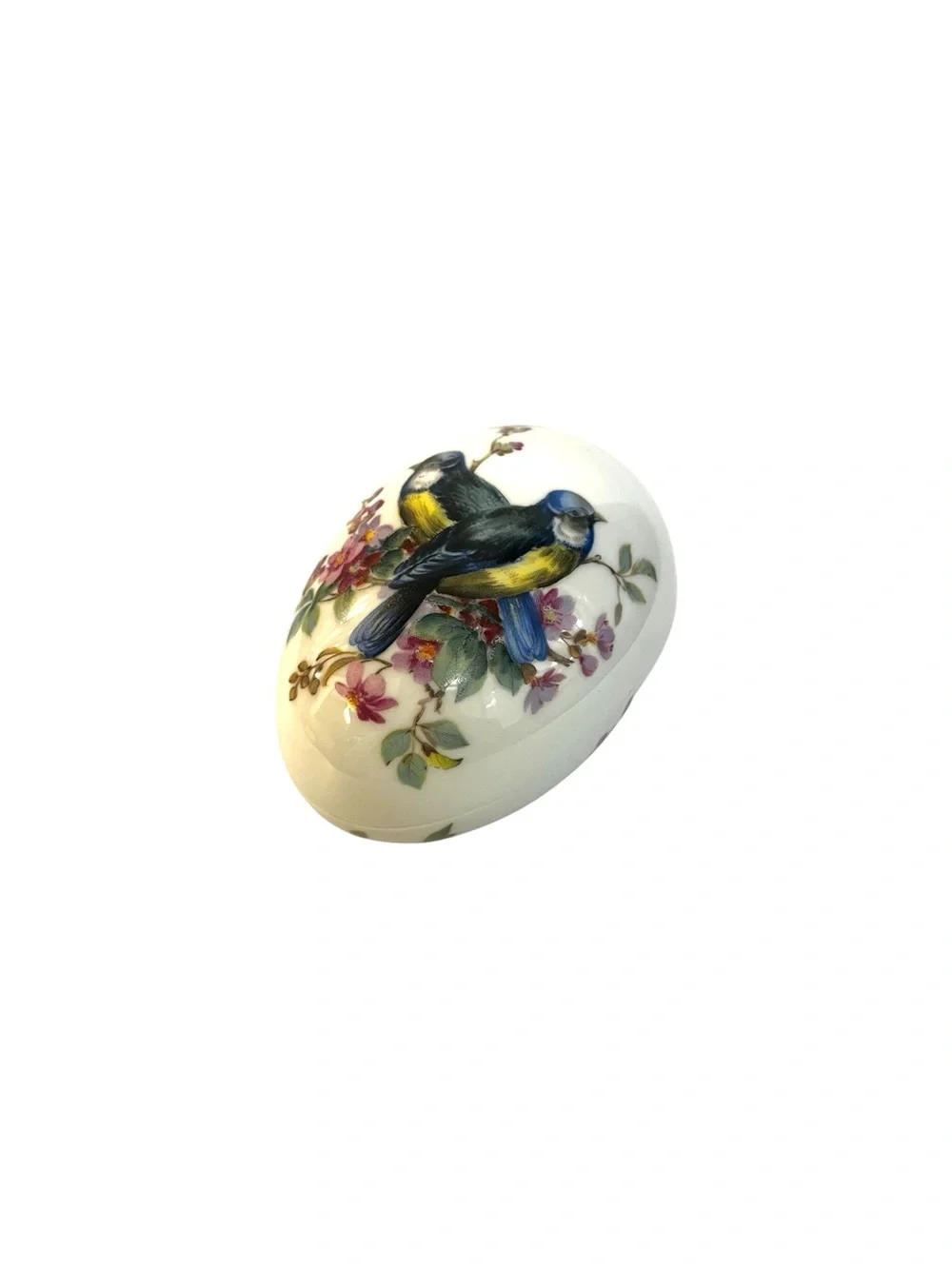 Vintage Limoges France Porcelain Egg Trinket Box Birds Flowers Floral 4”